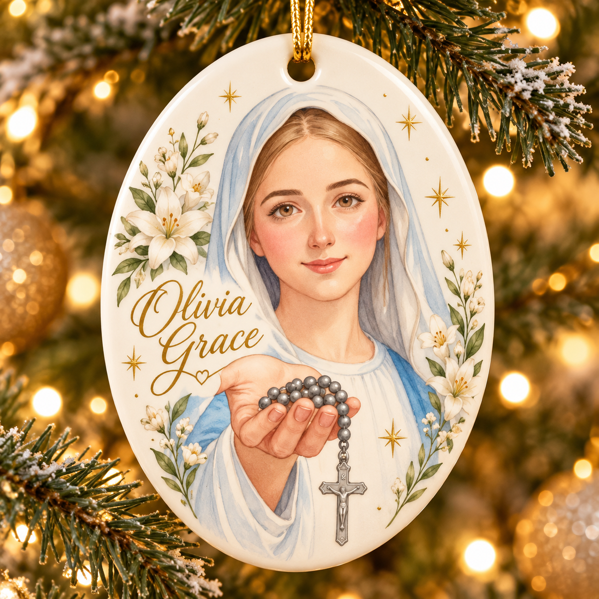 Personalized Virgin Mary Christmas Ornament, Custom Name Rosary Ornament, Catholic Faith Gift, Religious Christian Keepsake