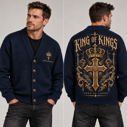 King of Kings Christian Cardigan, Lord of Lords Cross Sweater, Men’s Faith Button Up Religious Knit Cardigan