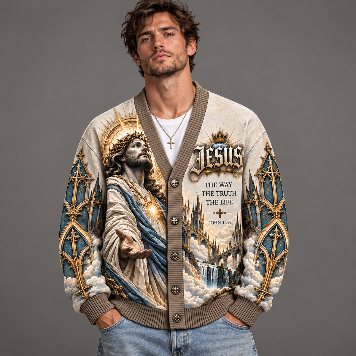 Jesus Christian Cardigan, Message of the Cross Religious Sweater, John 14:6 Bible Verse Cardigan, Gothic Faith Gift for Men