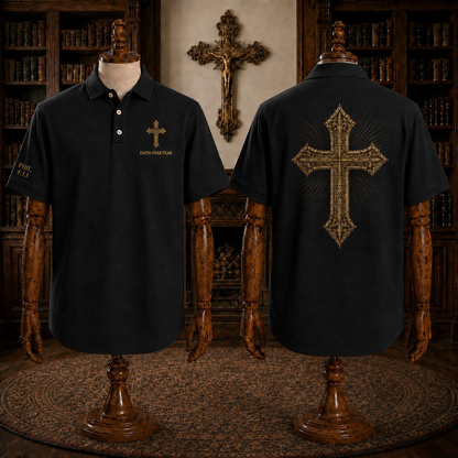 Red Faith Over Fear Christian Cross Polo Shirt – Philippians 4:13 Religious Polo