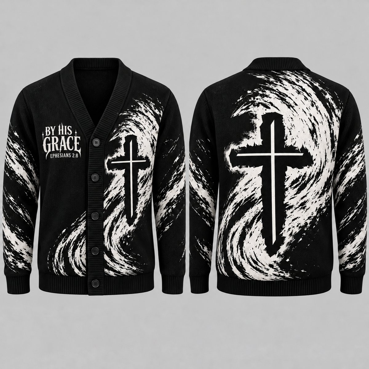 Men's Christian Cross Cardigan, By His Grace Ephesians 2:8 Sweater, Religious Button Up Knitwear, Faith Gift for Men
