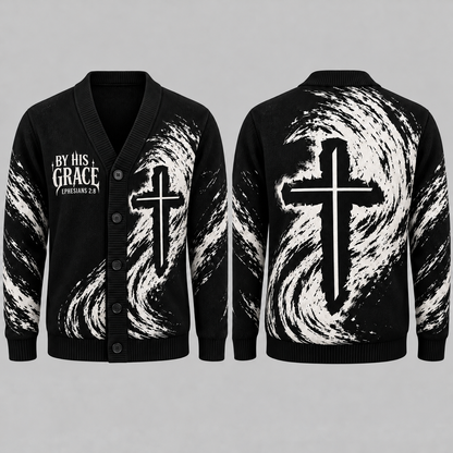 Men's Christian Cross Cardigan, By His Grace Ephesians 2:8 Sweater, Religious Button Up Knitwear, Faith Gift for Men