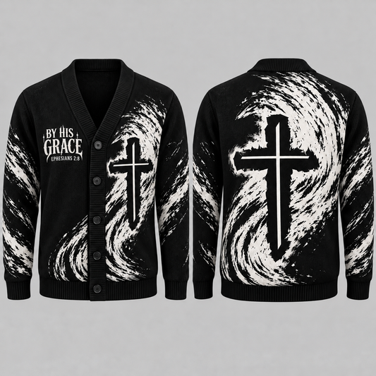 Men's Christian Cross Cardigan, By His Grace Ephesians 2:8 Sweater, Religious Button Up Knitwear, Faith Gift for Men