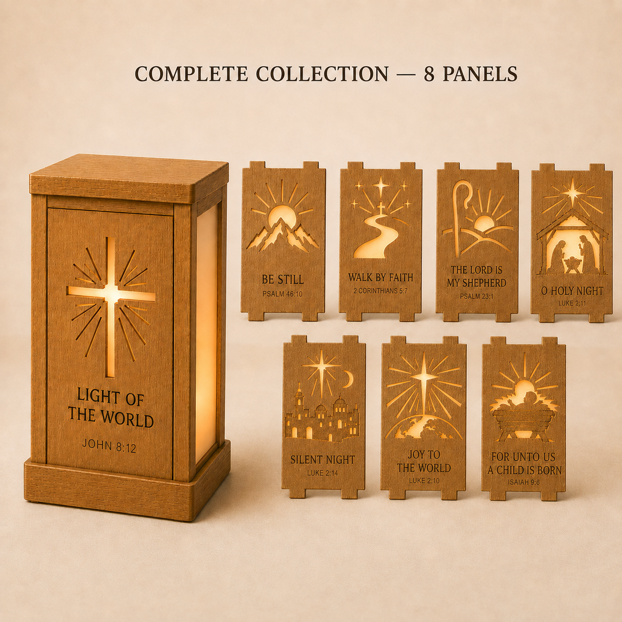 Light of the World Interchangeable Scripture Lantern – Wooden Christian Lamp with Seasonal Panels