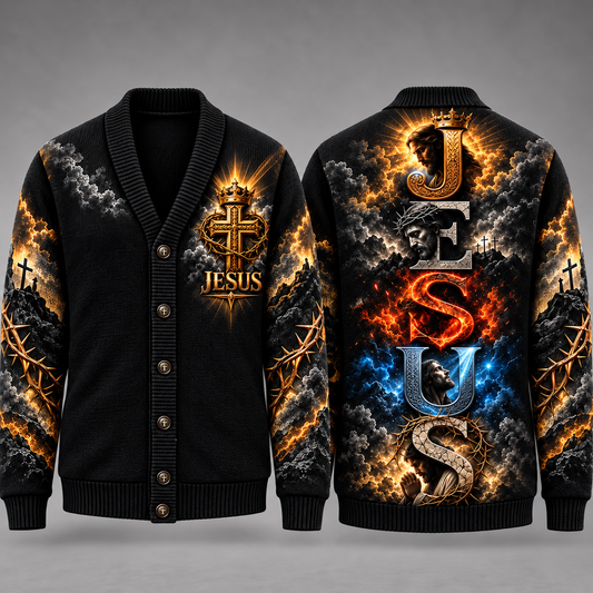 Jesus Crown of Thorns Christian Cardigan, Cross Religious Sweater, Men’s Faith Button Up Knit Cardigan, Christian Gift