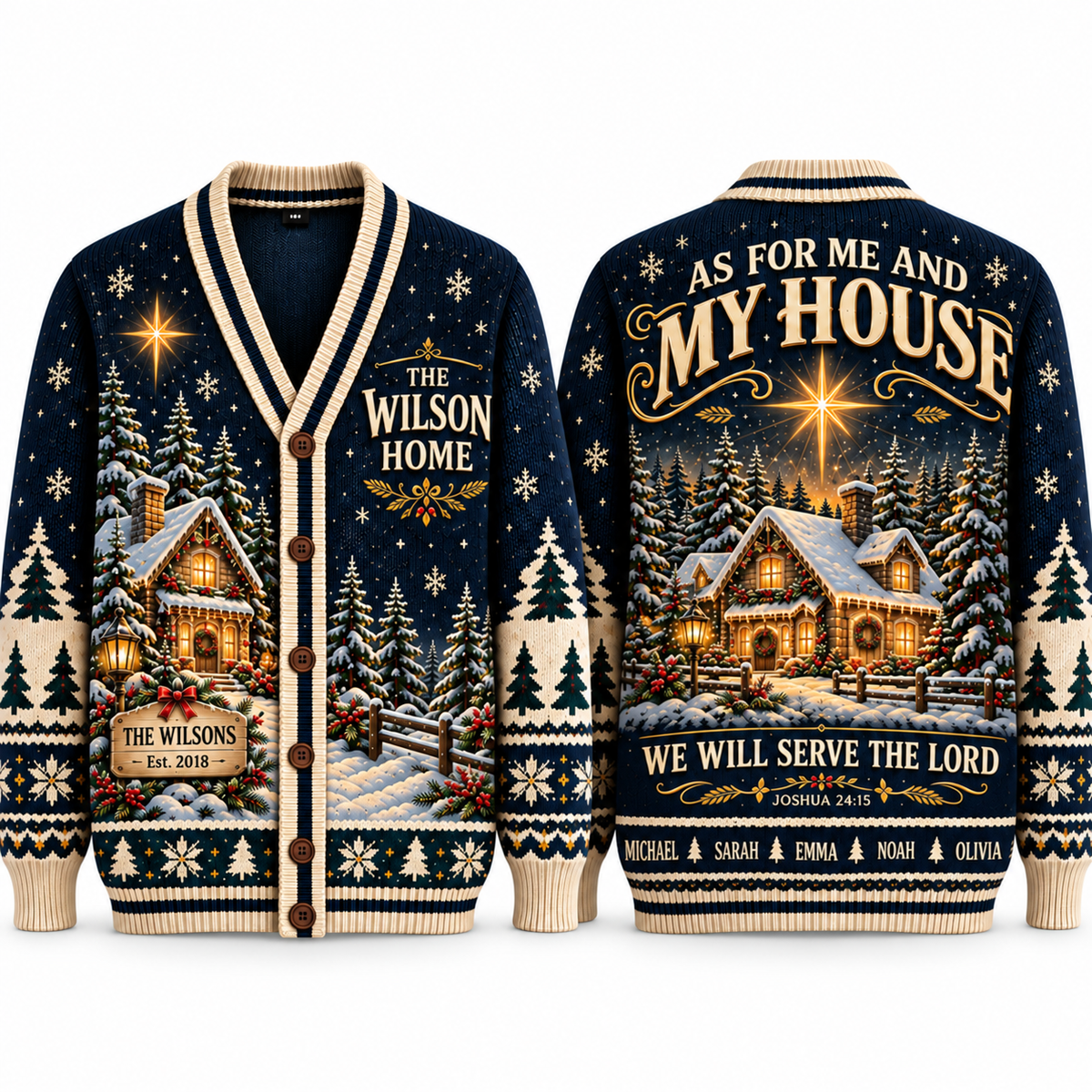 Personalized Christian Christmas Cardigan, Custom Family Name Sweater, Joshua 24:15, As for Me and My House Holiday Gift