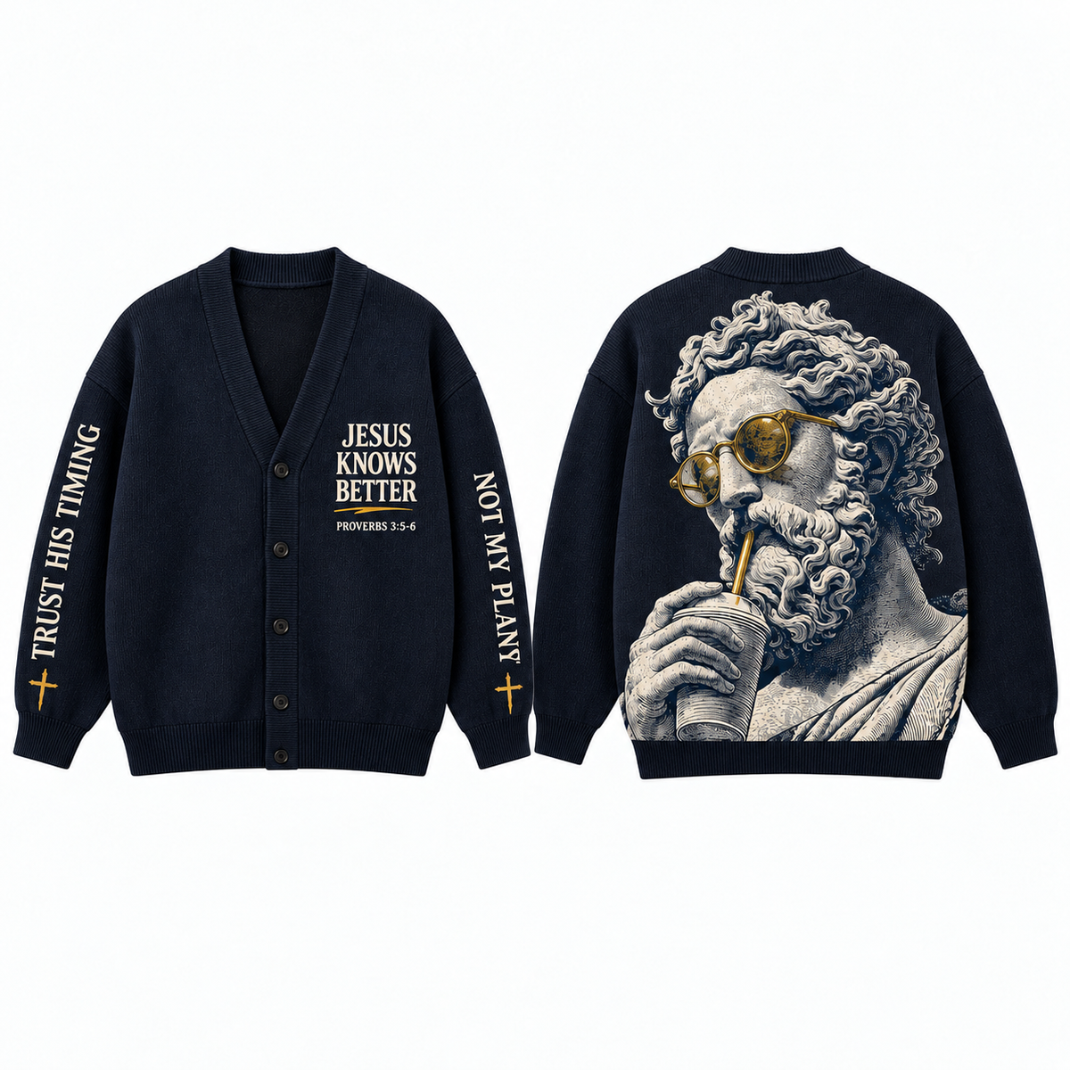 Jesus Knows Better Cardigan, Funny Christian Sweater, Trust His Timing Bible Verse, Navy Blue Button Up Cardigan, Gift for Men