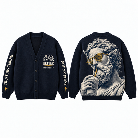 Jesus Knows Better Cardigan, Funny Christian Sweater, Trust His Timing Bible Verse, Navy Blue Button Up Cardigan, Gift for Men