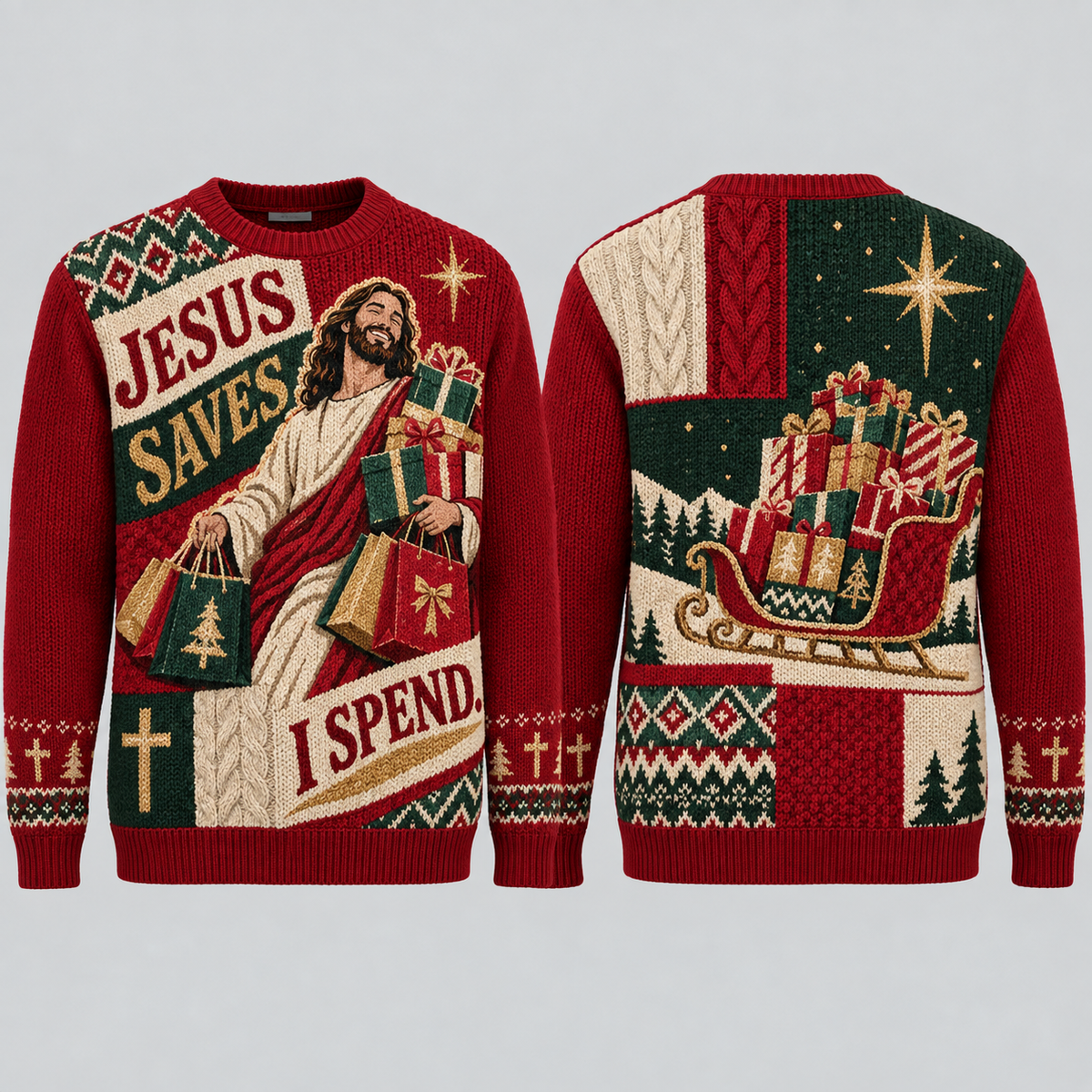 Jesus Saves I Spend Christian Christmas Sweater, Funny Jesus Ugly Christmas Sweater, Men’s Faith Holiday Knit