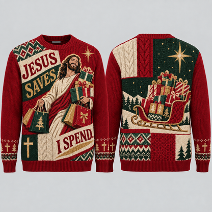 Jesus Saves I Spend Christian Christmas Sweater, Funny Jesus Ugly Christmas Sweater, Men’s Faith Holiday Knit