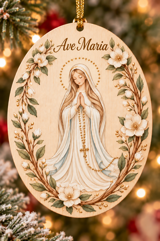 Ave Maria Virgin Mary Wood Ornament, Blessed Mother Rosary Ornament, Catholic Christmas Gift, Christian Religious Keepsake