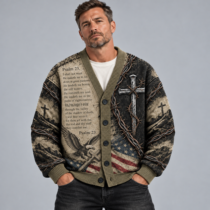 Jesus Christian Cardigan, Psalm 23 Religious Sweater, American Flag Cross Button Up Cardigan, Faith Inspired Gift for Men