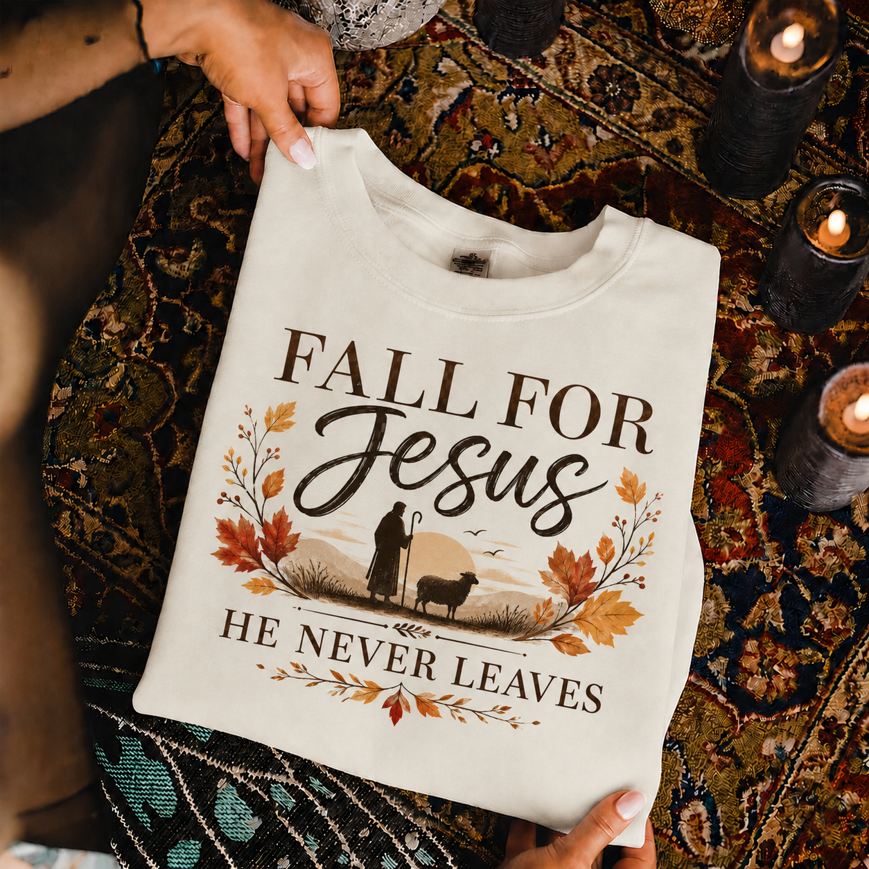 Fall For Jesus He Never Leaves Christian Autumn Faith Unisex Tshirt / Hoodie / Sweatshirt