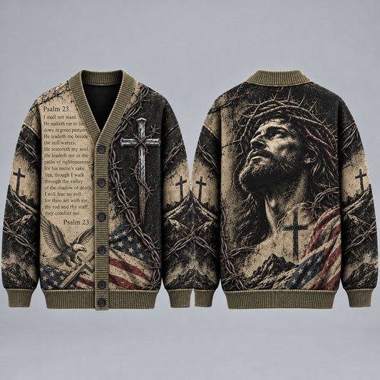 Jesus Christian Cardigan, Psalm 23 Religious Sweater, American Flag Cross Button Up Cardigan, Faith Inspired Gift for Men