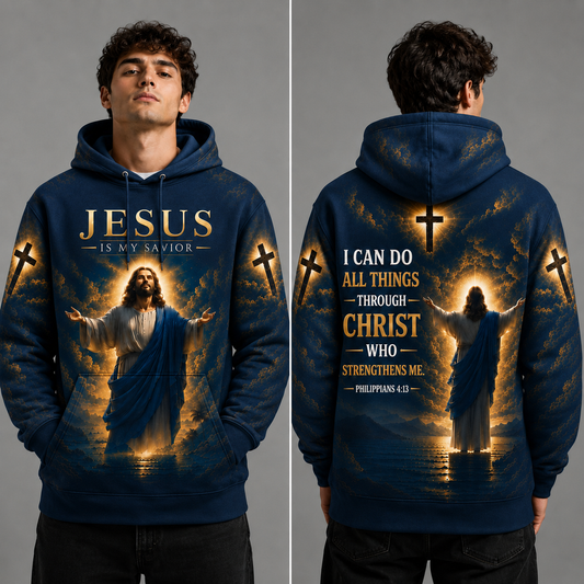 Navy Jesus Is My Savior Hoodie - Philippians 4:13 Christian Faith Graphic Pullover