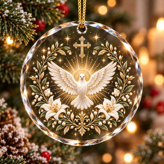 Holy Spirit Dove Glass Ornament, Christian Cross & Lily Faith Keepsake, Religious Christmas Gift for Family and Friends