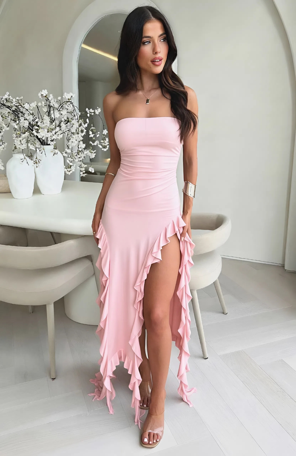 Strapless Asymmetrical Ruffle Midi Dress