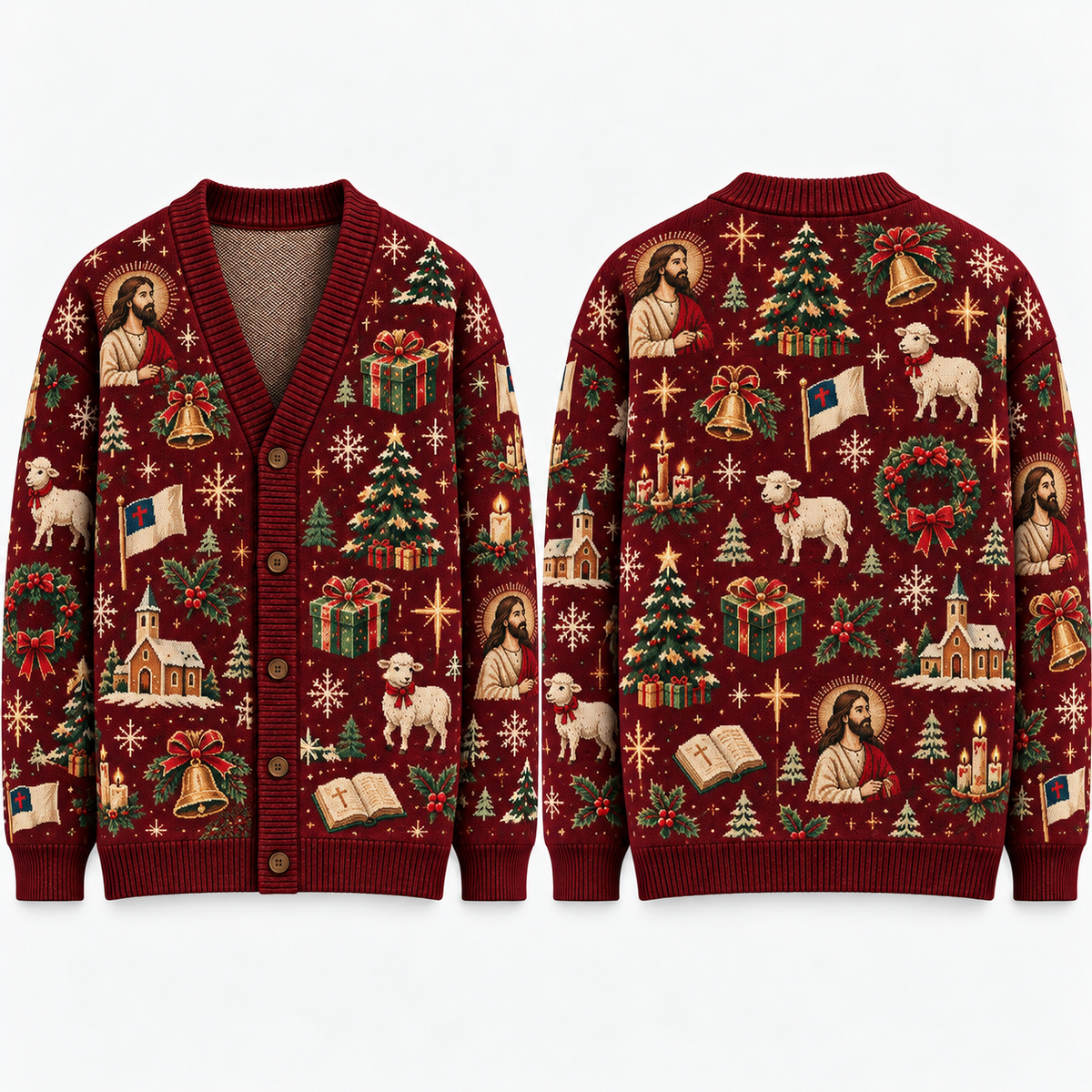 Christian Christmas Cardigan, Religious Ugly Xmas Sweater, Jesus Nativity Holiday Knitwear, Men's Faith Button Up Gift