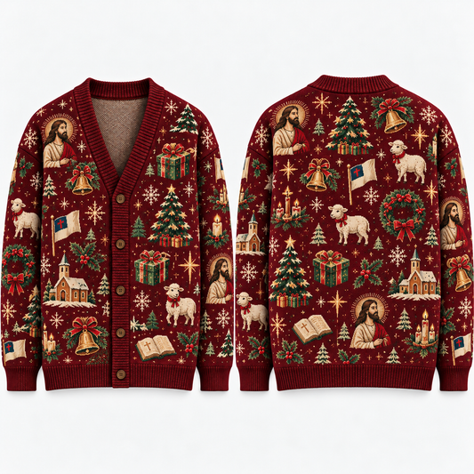 Christian Christmas Cardigan, Religious Ugly Xmas Sweater, Jesus Nativity Holiday Knitwear, Men's Faith Button Up Gift
