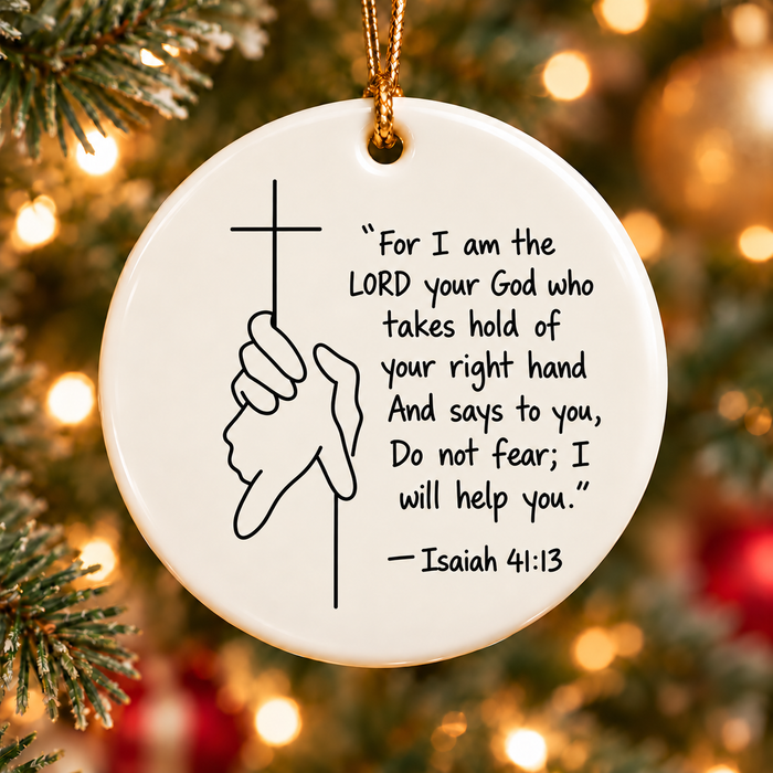 Bible Verse Christian Ceramic Ornament, Psalm 33:21 & Isaiah 41:13 Faith Keepsake, Religious Christmas Gift for Family