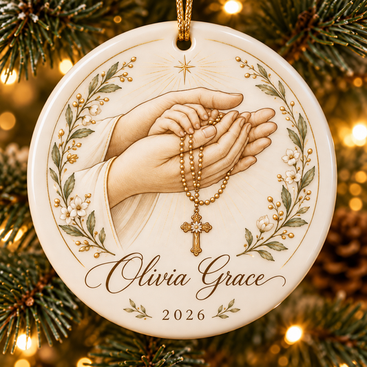 Personalized Rosary Ceramic Ornament, Custom Name & Year Catholic Prayer Keepsake, Religious Christian Christmas Gift