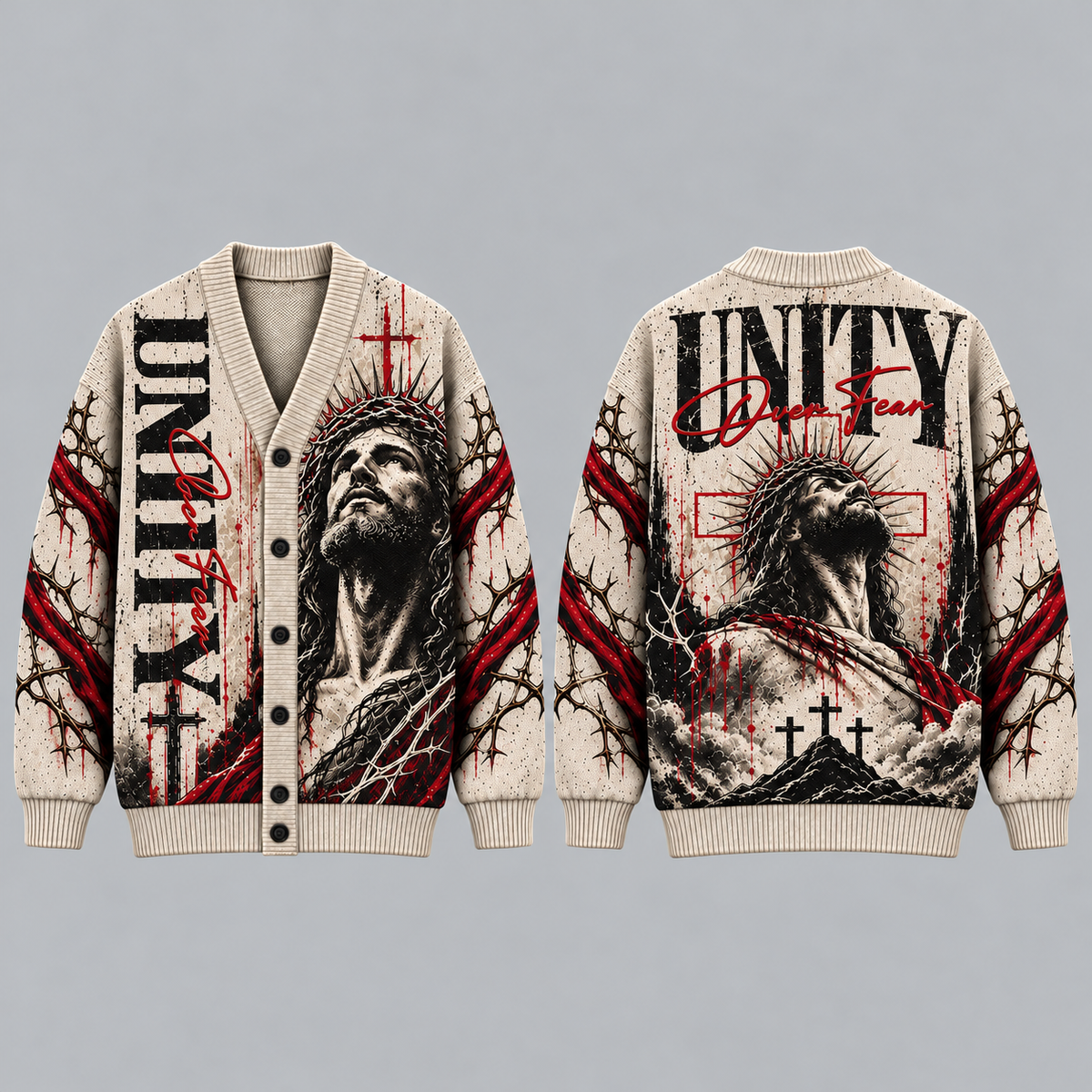 Jesus Christian Cardigan, Unity Over Fear Religious Sweater, Crown of Thorns Cross Button Up Cardigan, Christian Gift for Men
