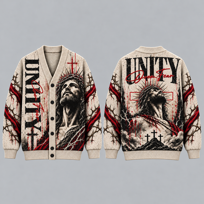 Jesus Christian Cardigan, Unity Over Fear Religious Sweater, Crown of Thorns Cross Button Up Cardigan, Christian Gift for Men