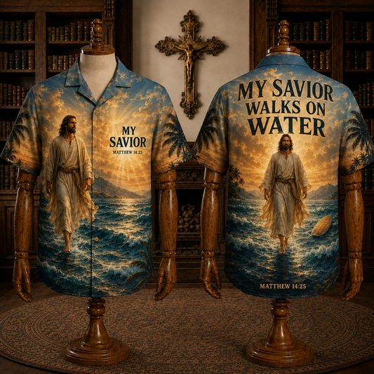 Men’s Christian Hawaiian Shirt – My Savior Walks on Water, Matthew 14:25, Jesus Short Sleeve Button-Up