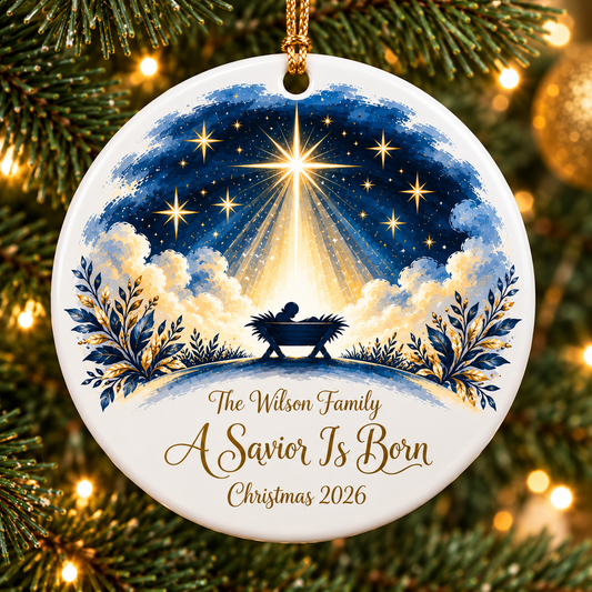 Personalized Savior Is Born Ornament, Christian Christmas Ornament, Custom Family Nativity Gift, Religious Christmas Decor