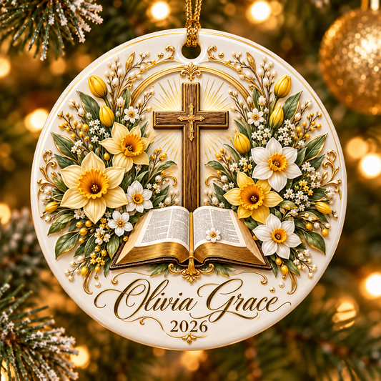 Personalized Christian Christmas Ornament, Custom Name Bible Cross Ornament, Faith Religious Keepsake, Christian Family Gift