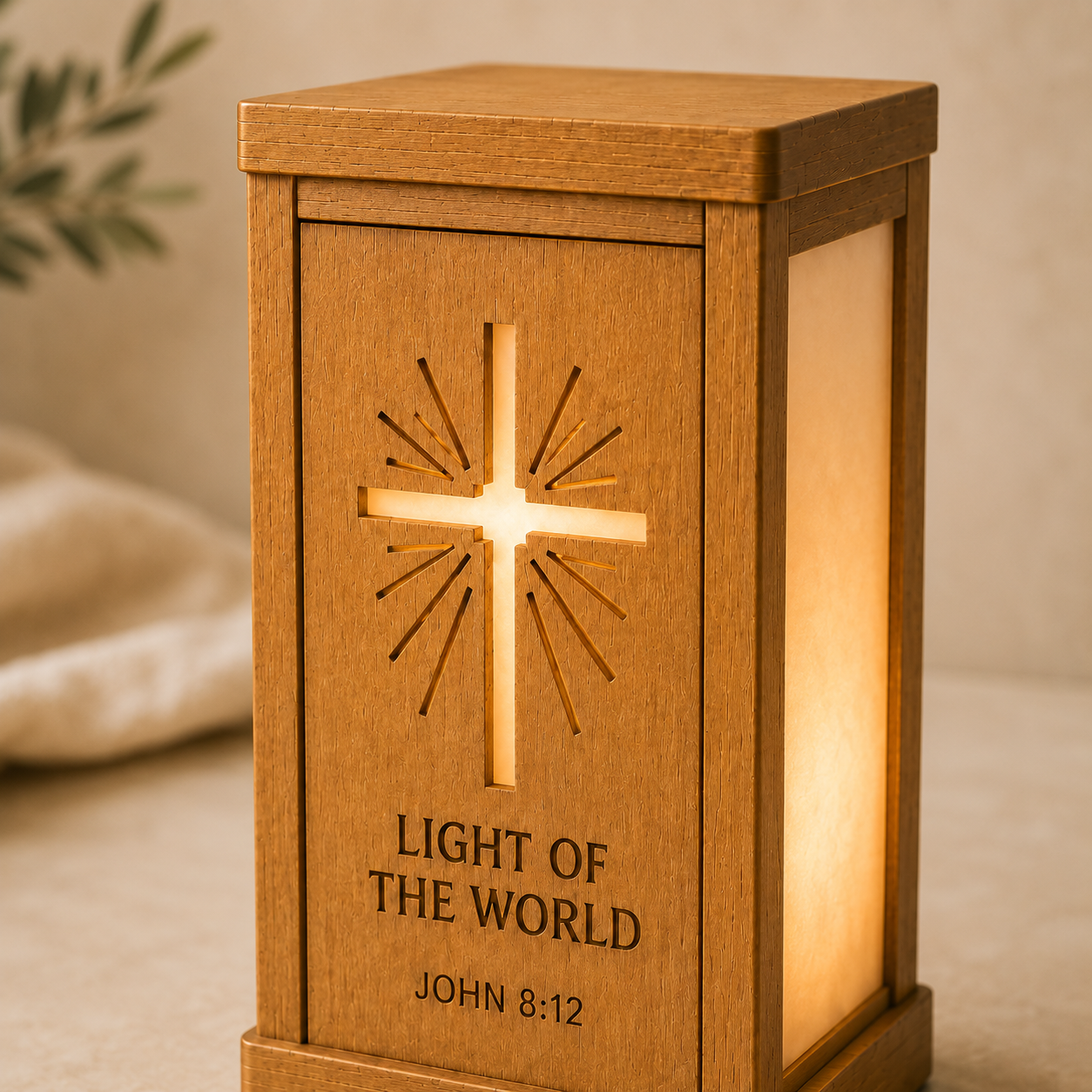 Light of the World Interchangeable Scripture Lantern – Wooden Christian Lamp with Seasonal Panels
