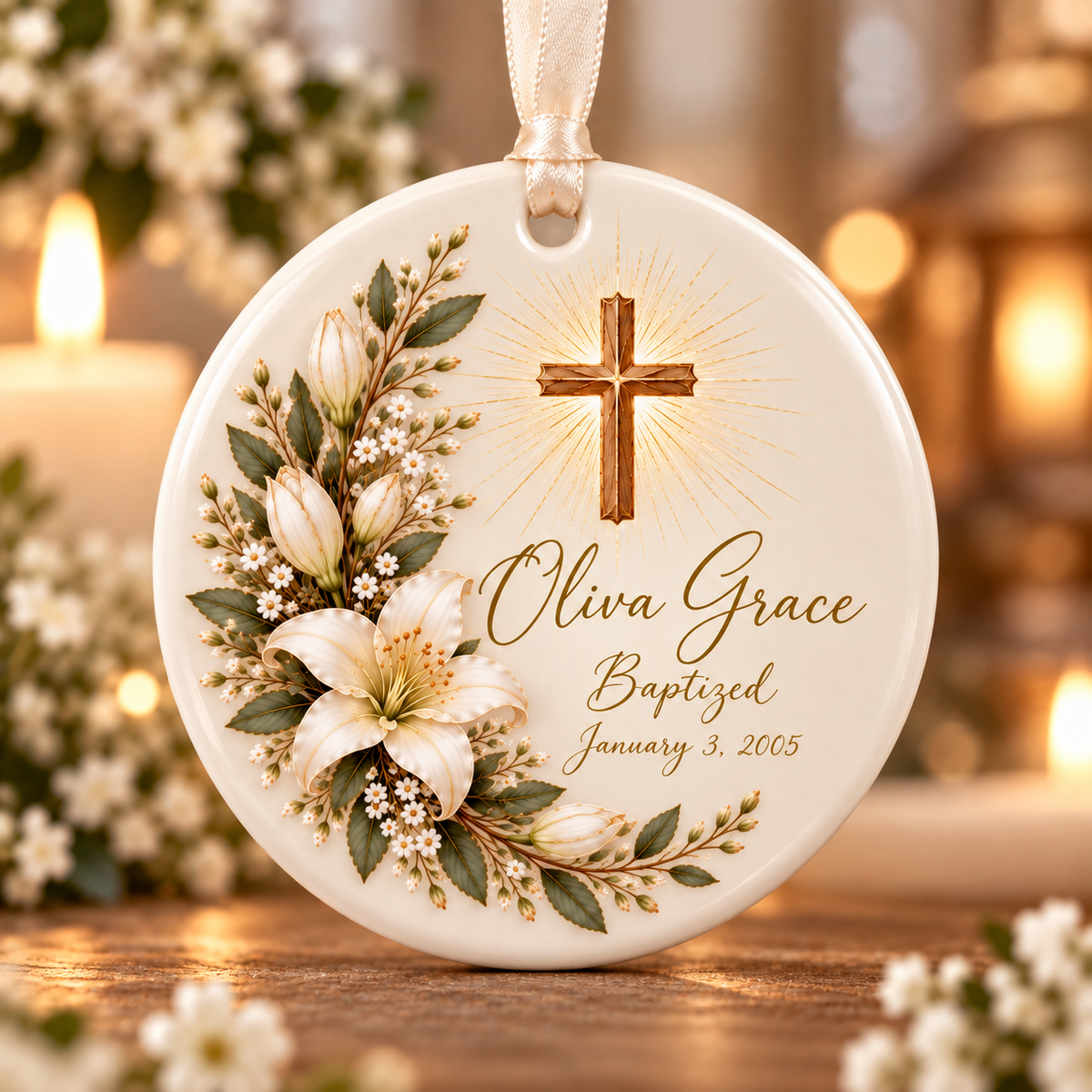 Personalized Baptism Ceramic Ornament, Custom Name & Date Christian Cross Keepsake, Baptized Religious Gift for Child