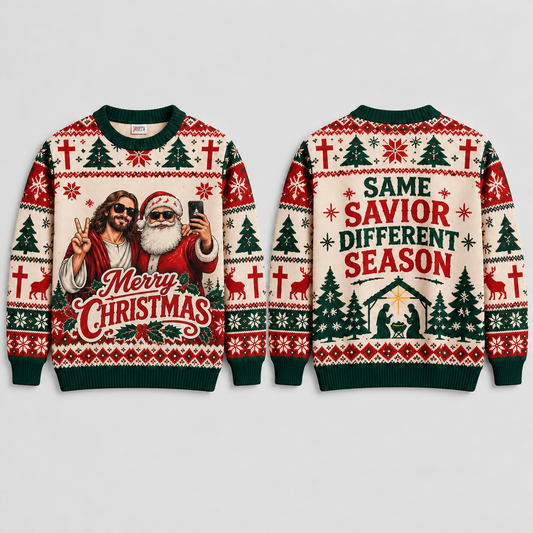 Funny Jesus Ugly Christmas Sweater, Santa Selfie Christian Jumper, Same Savior Different Season, Religious Xmas Gift for Men