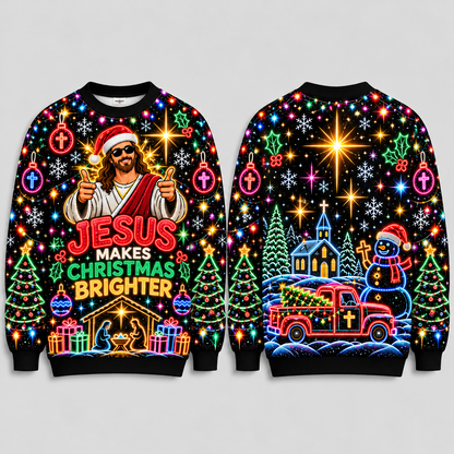 Jesus Ugly Christmas Sweater, Jesus Makes Christmas Brighter Sweatshirt, Neon Christian Holiday Pullover, Religious Xmas Gift