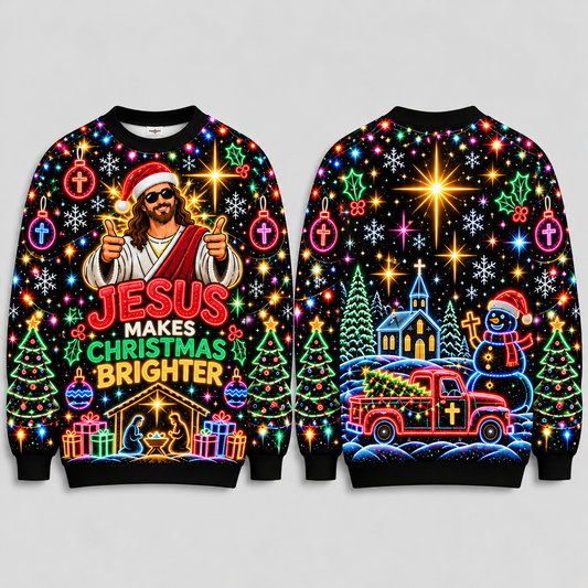 Jesus Ugly Christmas Sweater, Jesus Makes Christmas Brighter Sweatshirt, Neon Christian Holiday Pullover, Religious Xmas Gift