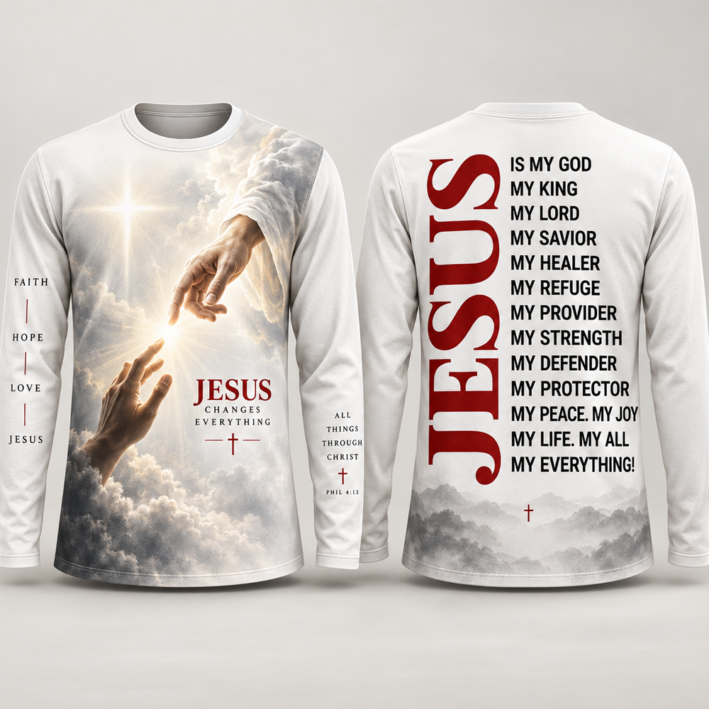 Touch Of God 3D Long Sleeve Shirt, All Over Print Christian Jesus Shirt, Faith Hope Love Religious Shirt for Men