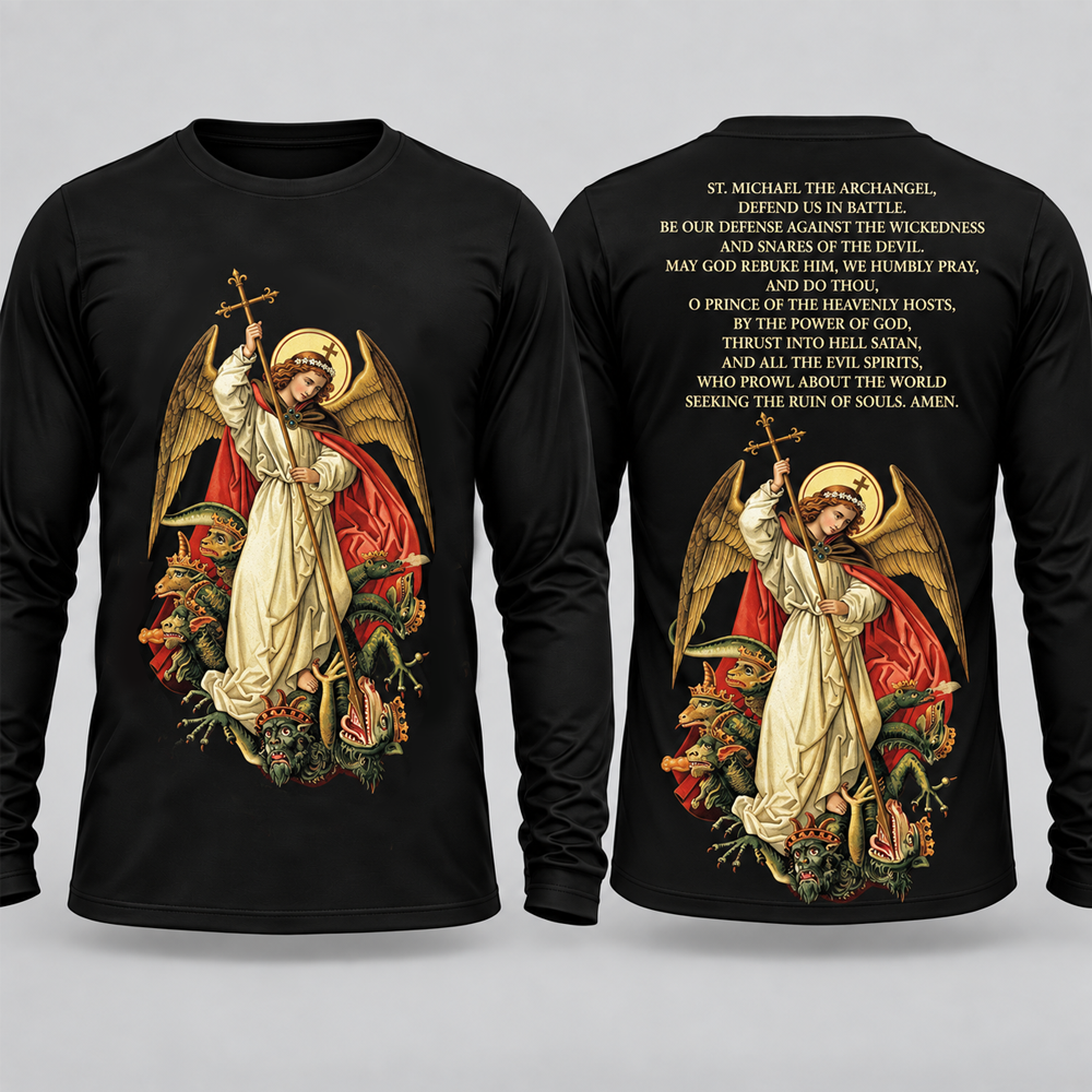 Saint Michael Defend The Battle 3D Long Sleeve Shirt – Catholic Christian All-Over Print Men’s Tee