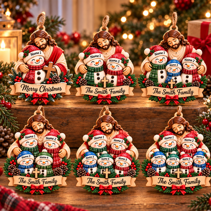 Personalized Christian Family 3D Relief Ornament – Jesus Hugging Snowman Family Christmas Decor