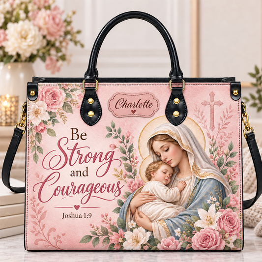 Premium Personalized Be strong and courageous Joshua 1:9 Leather Handbag, Religious Gift for Mom, Faith Bag Leather Bags, Personalized Bags, Gifts for Women