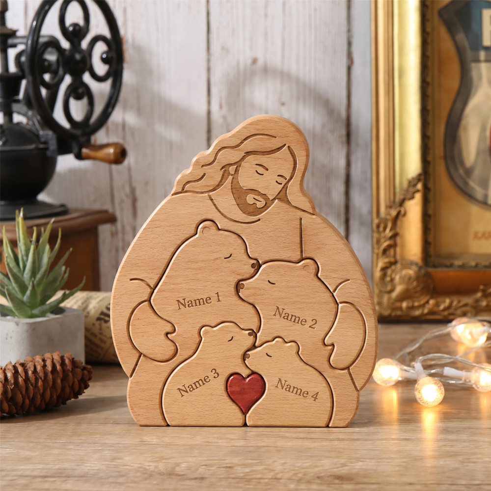 Personalized Jesus Hugging Bear Family Wooden Puzzle, Hugging Bear Family Name Puzzle, Christians Gifts