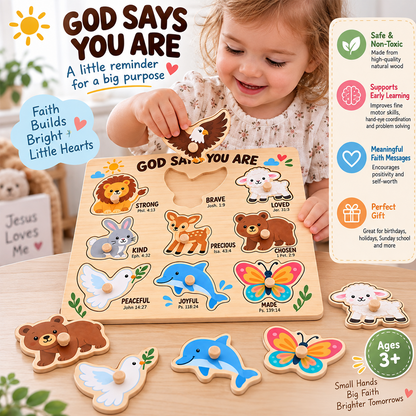 God Says You Are Wooden Puzzle – Christian Bible Verse Animal Peg Puzzle, Faith-Based Educational Toy for Toddlers & Kids, Religious Gift