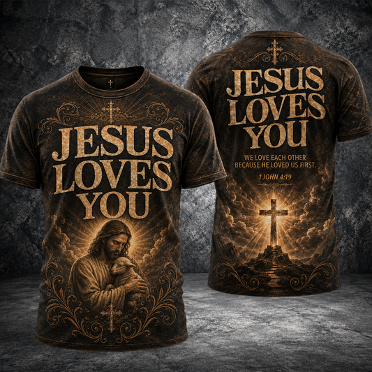 Jesus Loves You Christian 3D T-Shirt for Men, John 4:19 Bible Verse Jesus Graphic Religious Faith Tee