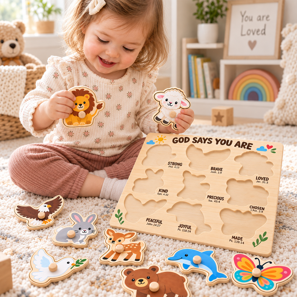 God Says You Are Wooden Puzzle – Christian Bible Verse Animal Peg Puzzle, Faith-Based Educational Toy for Toddlers & Kids, Religious Gift