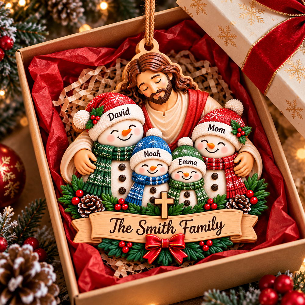 Personalized Christian Family 3D Relief Ornament – Jesus Hugging Snowman Family Christmas Decor