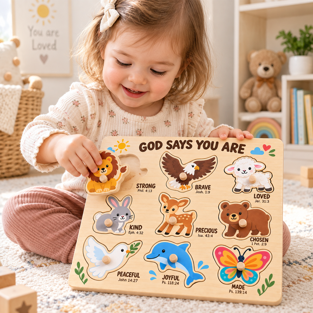 God Says You Are Wooden Puzzle – Christian Bible Verse Animal Peg Puzzle, Faith-Based Educational Toy for Toddlers & Kids, Religious Gift