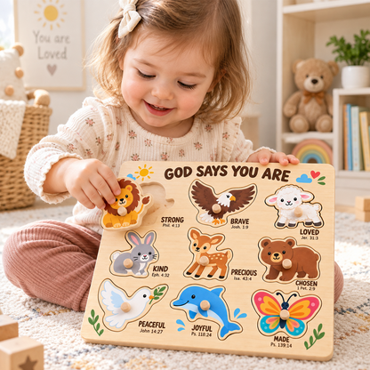 God Says You Are Wooden Puzzle – Christian Bible Verse Animal Peg Puzzle, Faith-Based Educational Toy for Toddlers & Kids, Religious Gift
