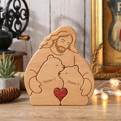 Personalized Jesus Hugging Bear Family Wooden Puzzle, Hugging Bear Family Name Puzzle, Christians Gifts