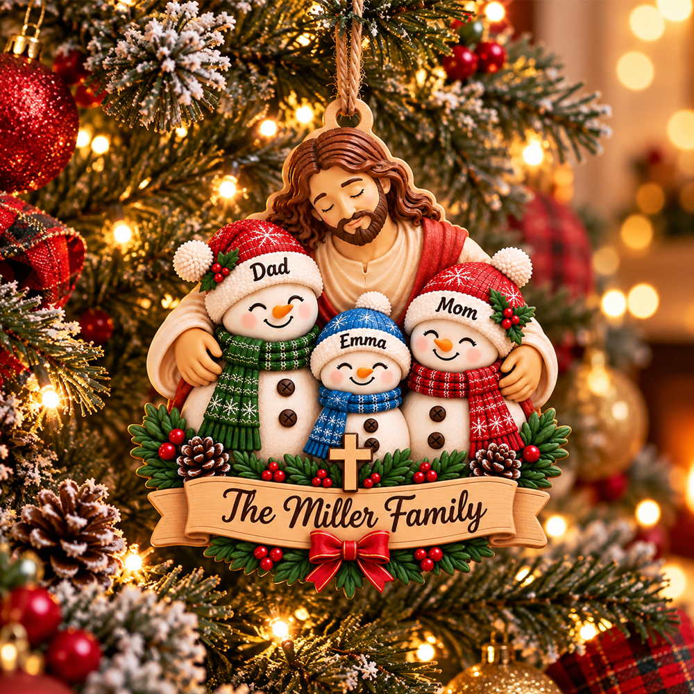 Personalized Christian Family 3D Relief Ornament – Jesus Hugging Snowman Family Christmas Decor