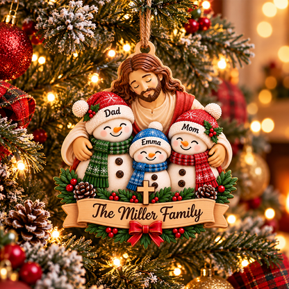 Personalized Christian Family 3D Relief Ornament – Jesus Hugging Snowman Family Christmas Decor