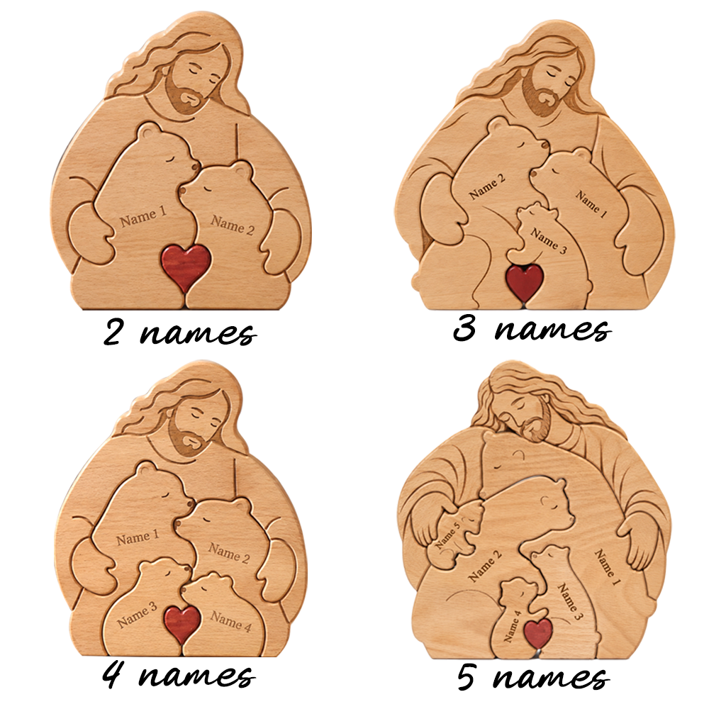 Personalized Jesus Hugging Bear Family Wooden Puzzle, Hugging Bear Family Name Puzzle, Christians Gifts